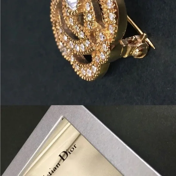 CHRISTIAN DIOR GOLD PLATED BROOCH PIN AUTHENTIC NEW WITH RHINESTONES! FLOWER! - Picture 2 of 6